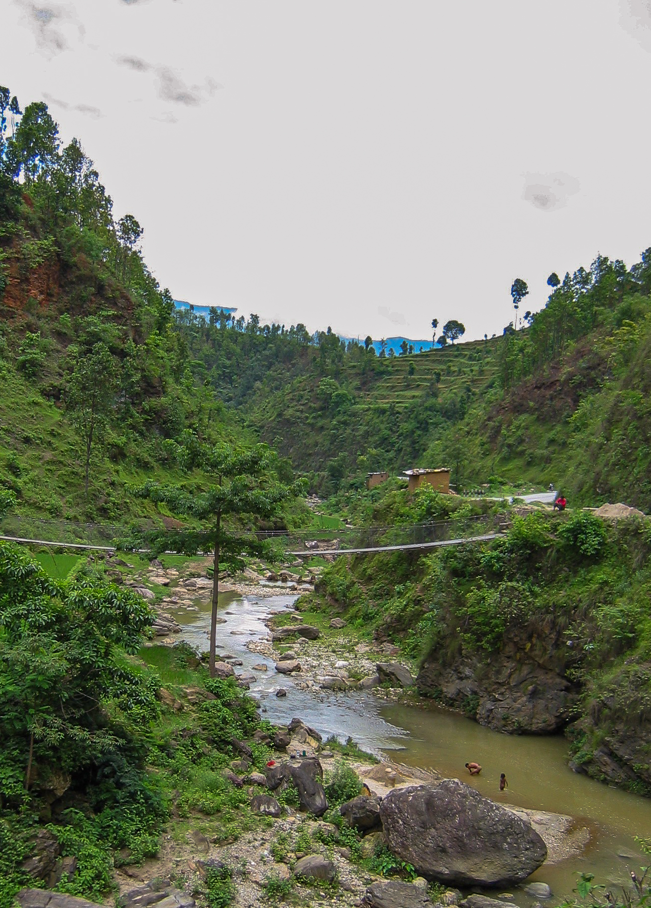 Leaving the Kathmandu Valley - rope bridge