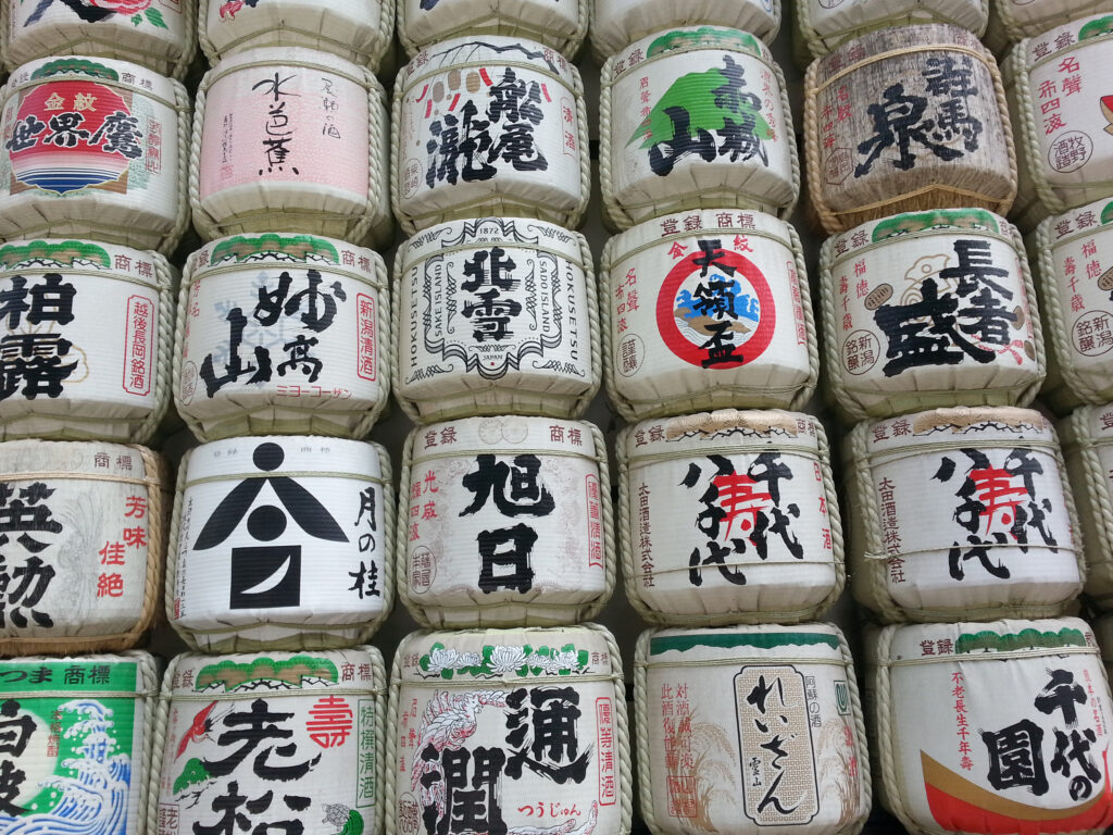 Tokyo - Meiji Temple -Offerings of Sake barrels 