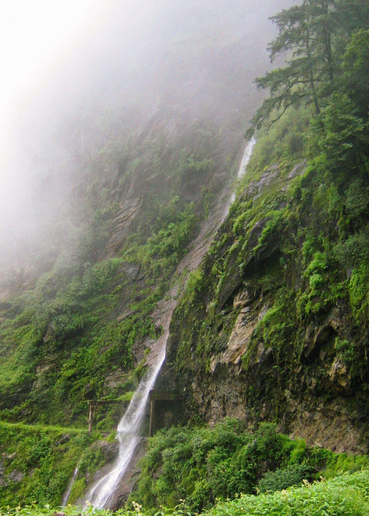 Mist, forest and a waterfall on leaving Zhangmu on the Tibetan border.