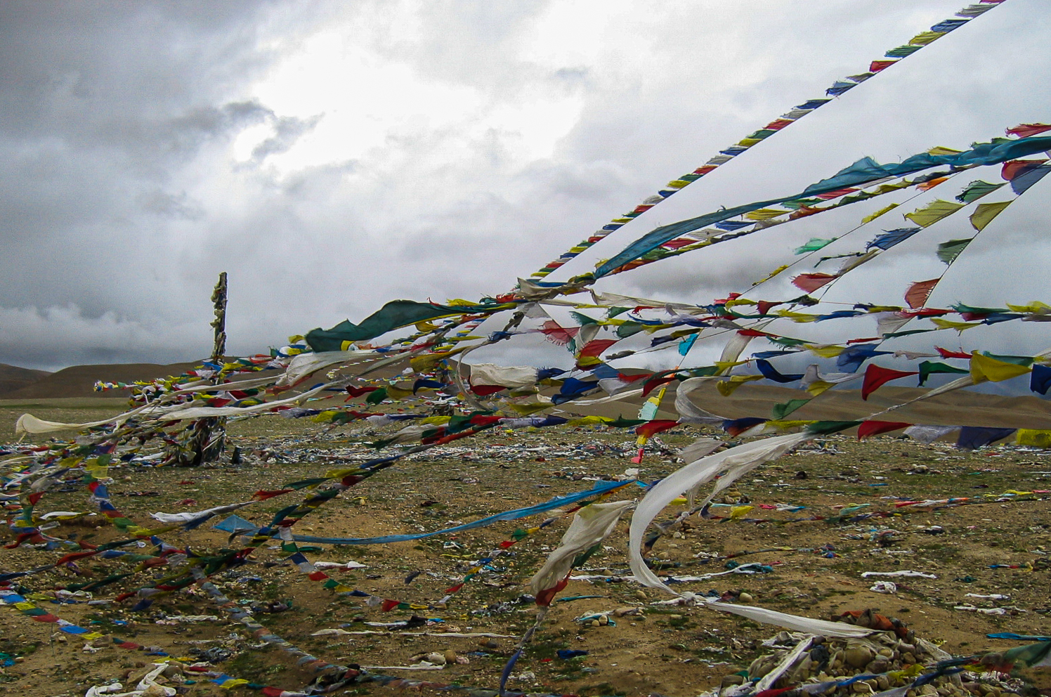 Colourful Tibetan prayer flags blowing in the high winds at Thong La Pass at 5150 metres above sea level.