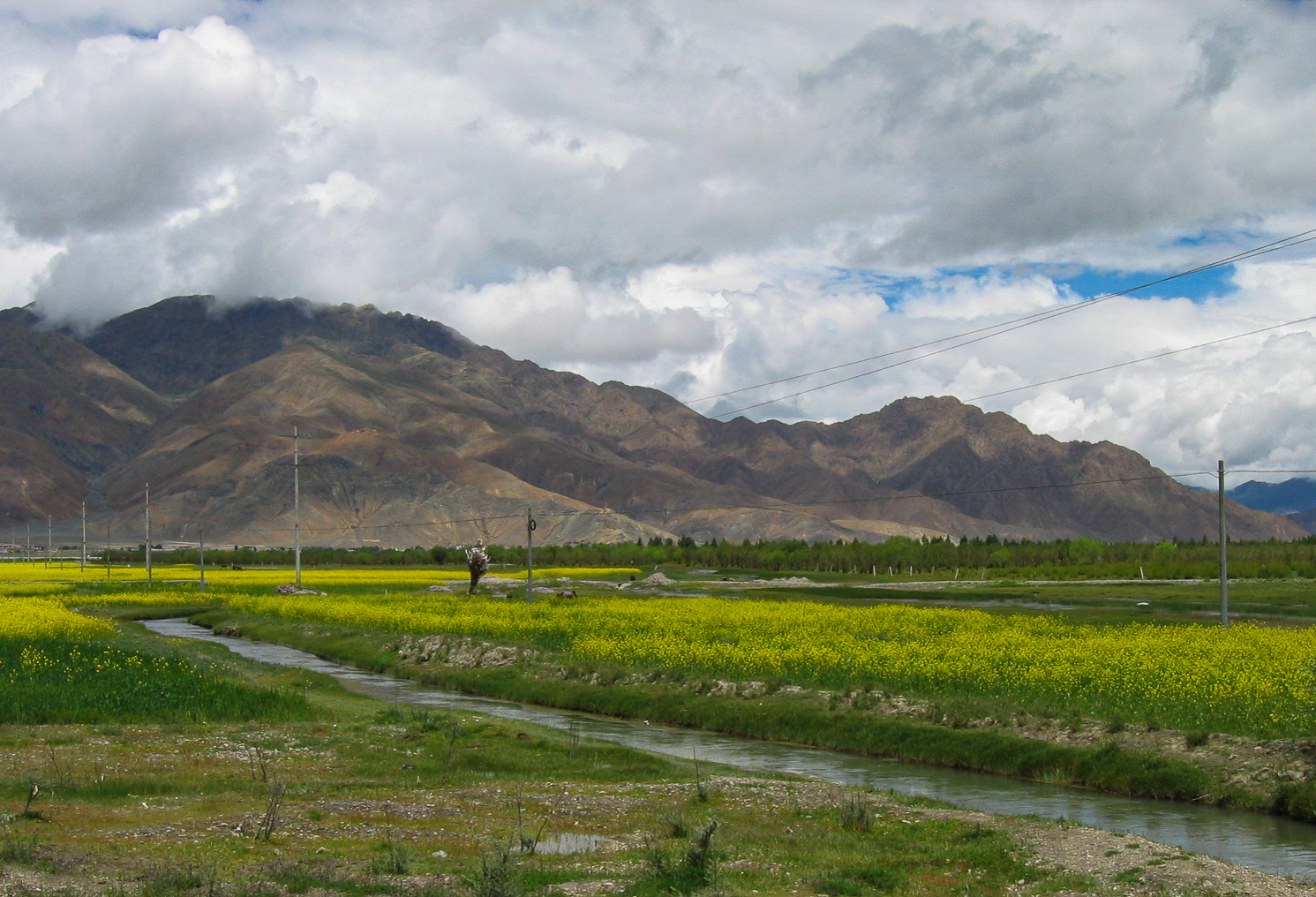 Fields, mountains, and a stream on the way to Gyantse. Tibet.