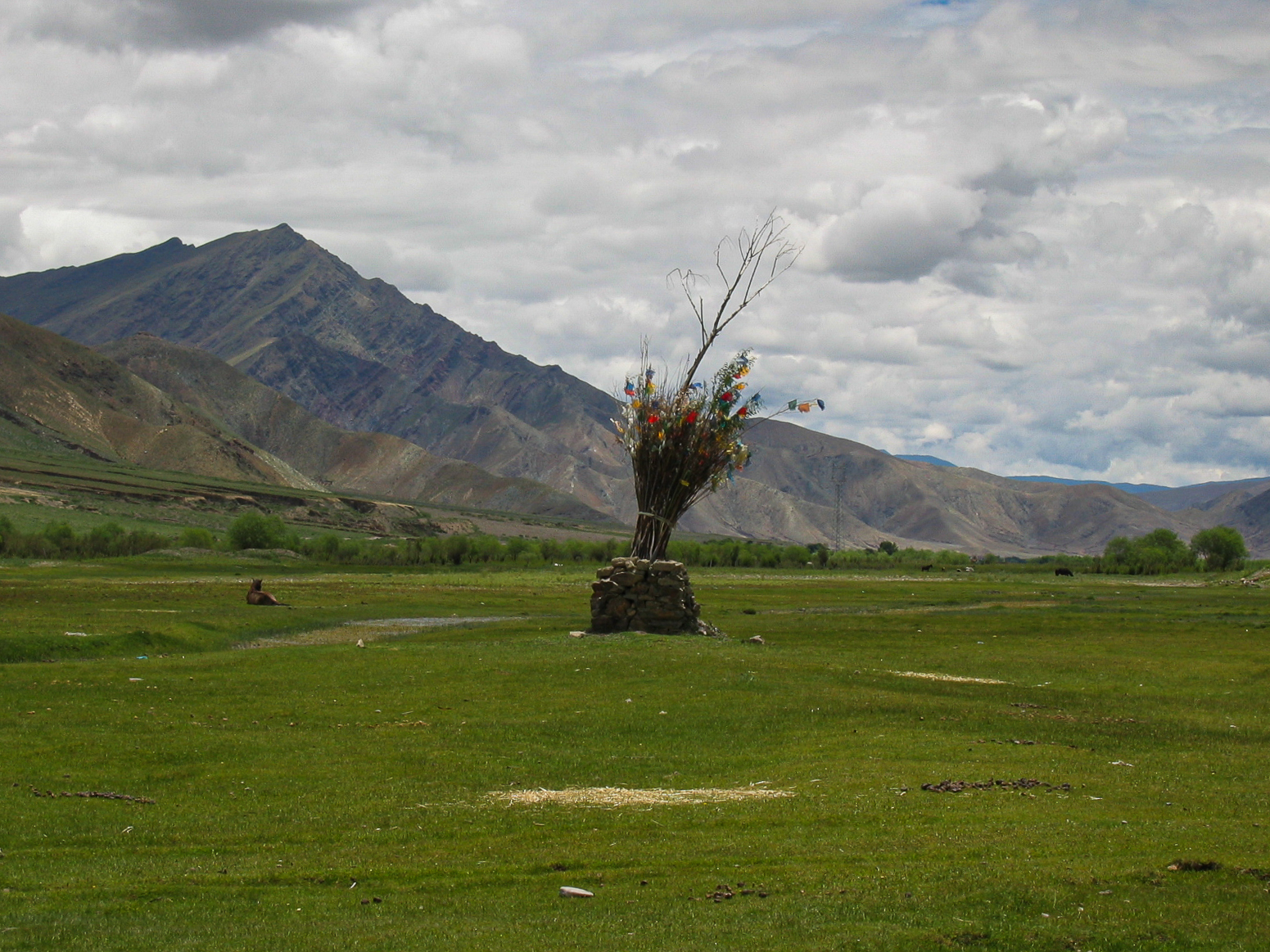 Offering with prayer flags alongside a stream on the way to Gyantse. Tibet.