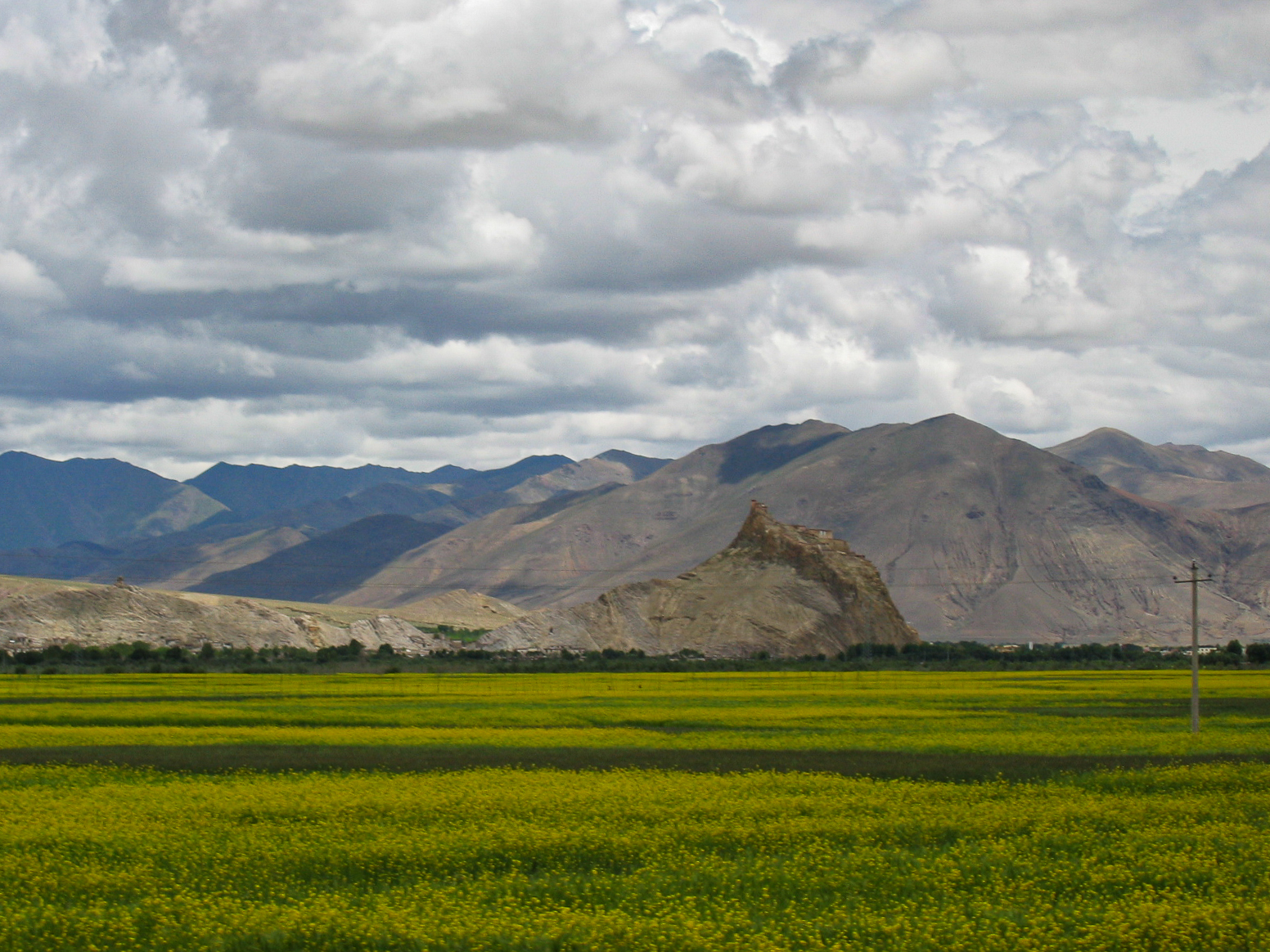 Approaching Gyantse, Tibet, with its fortress in the distance.