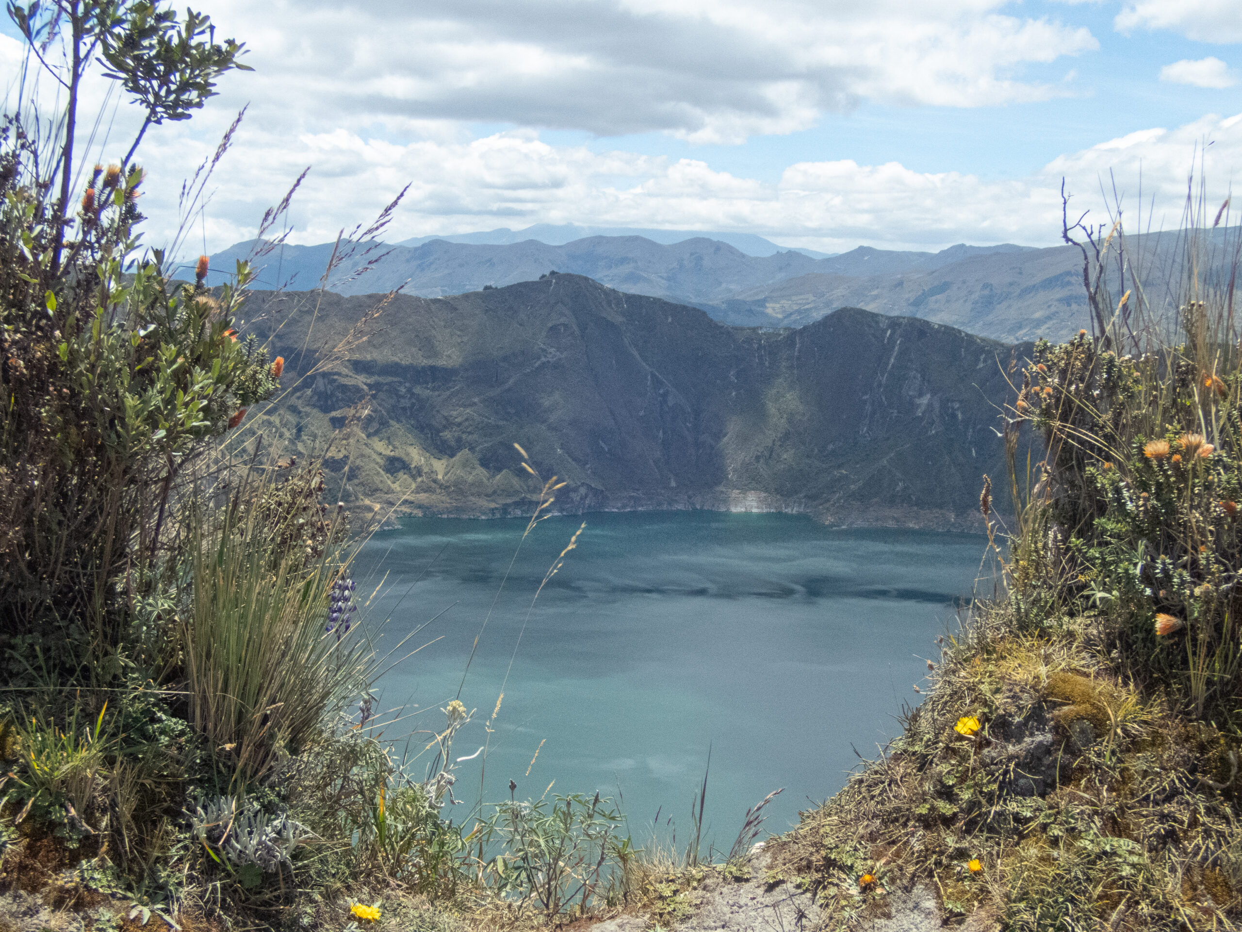 Quilatoa Lake with wildflowers