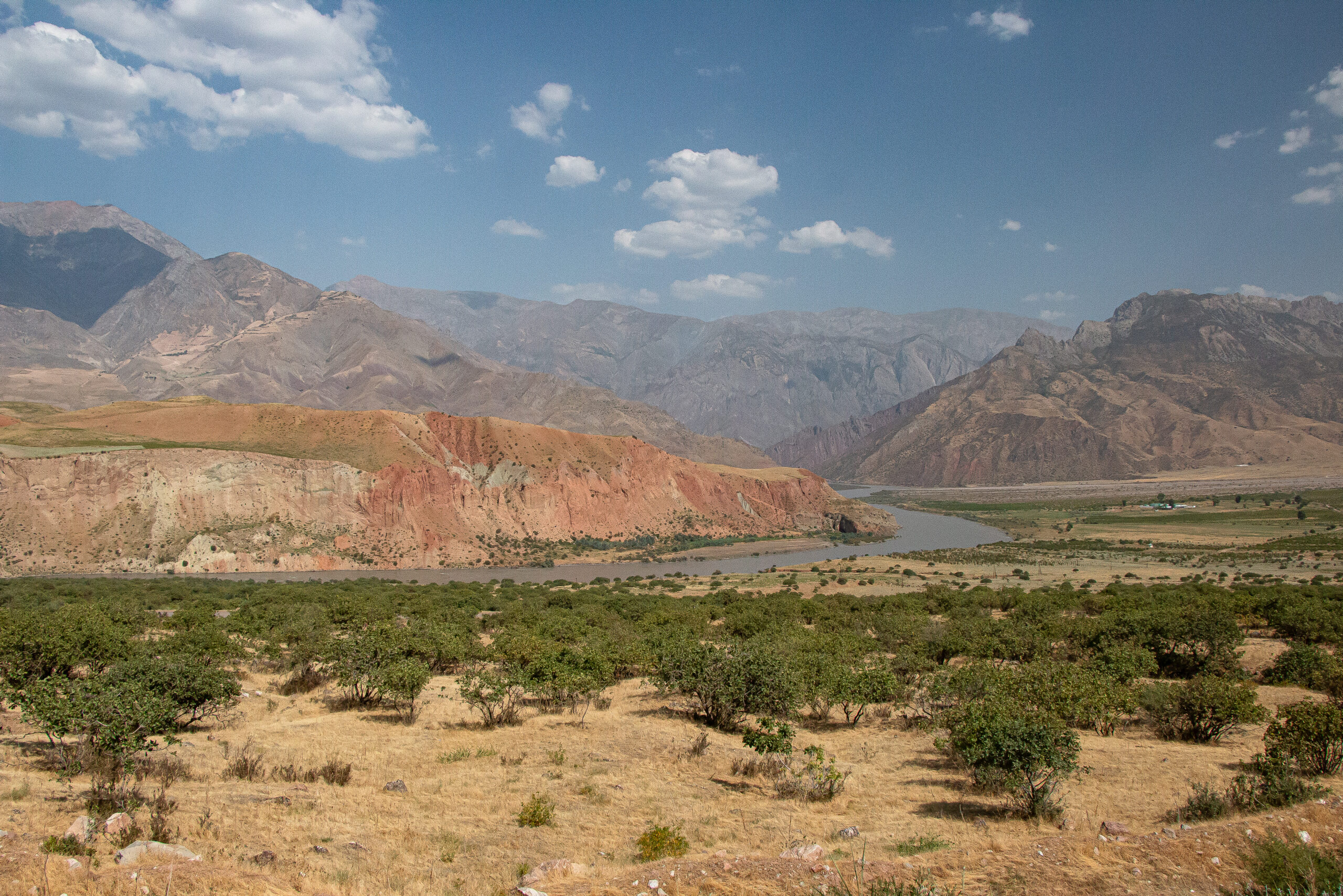 A first glimpse of the Panj River and the mountains in Afghanistan