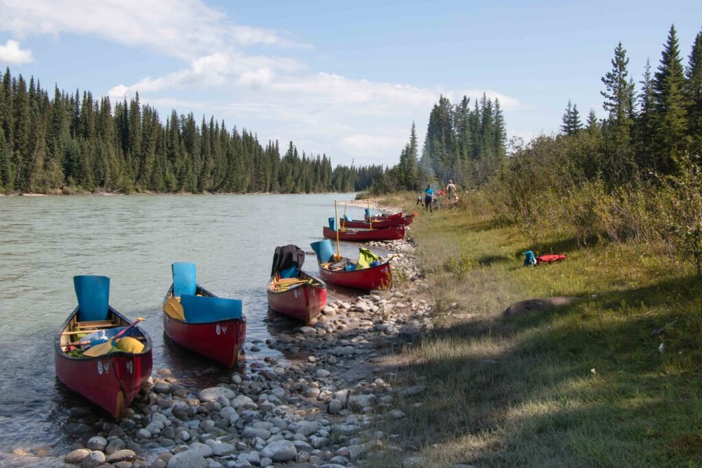 The canoes kitted up on the Athabasca River